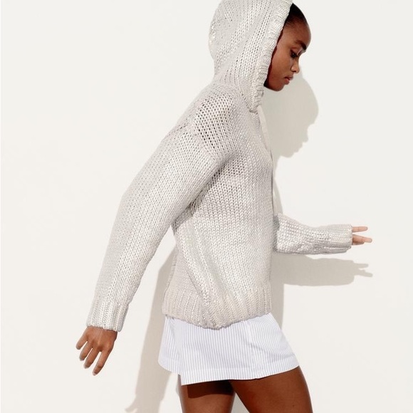 ZARA COTTON ZIP UP CARDIGAN SWEATER with HOOD RETRO MODERN CHIC Beige Silver L - Picture 4 of 11